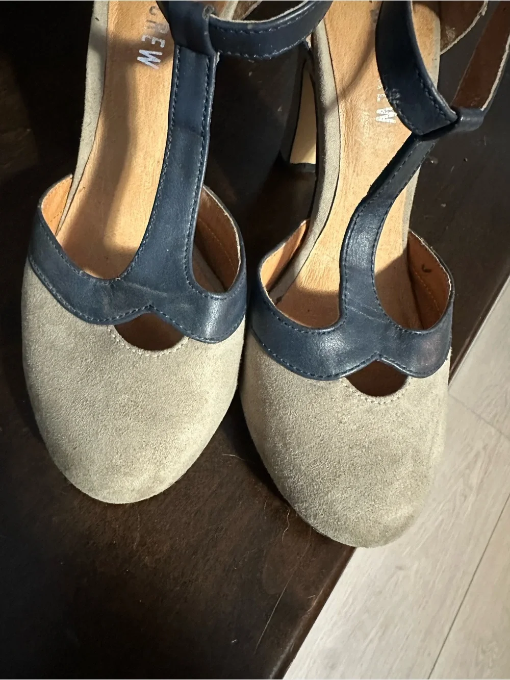 Chelsea Crew T-Strap Two-Tone Suede Heels in Taupe and Navy